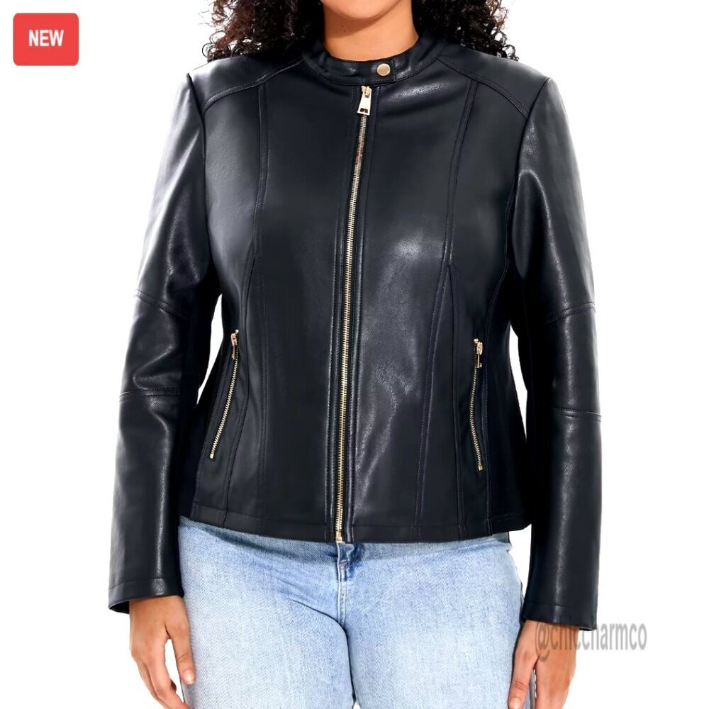 Plus Size Faux Leather Motorcycle Jacket Zip Up Biker Coat Women's